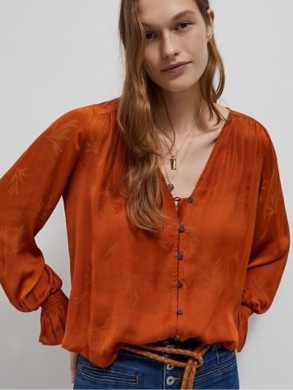 Anthropologie Liora Embroidered Buttondown brown motif size large NWT